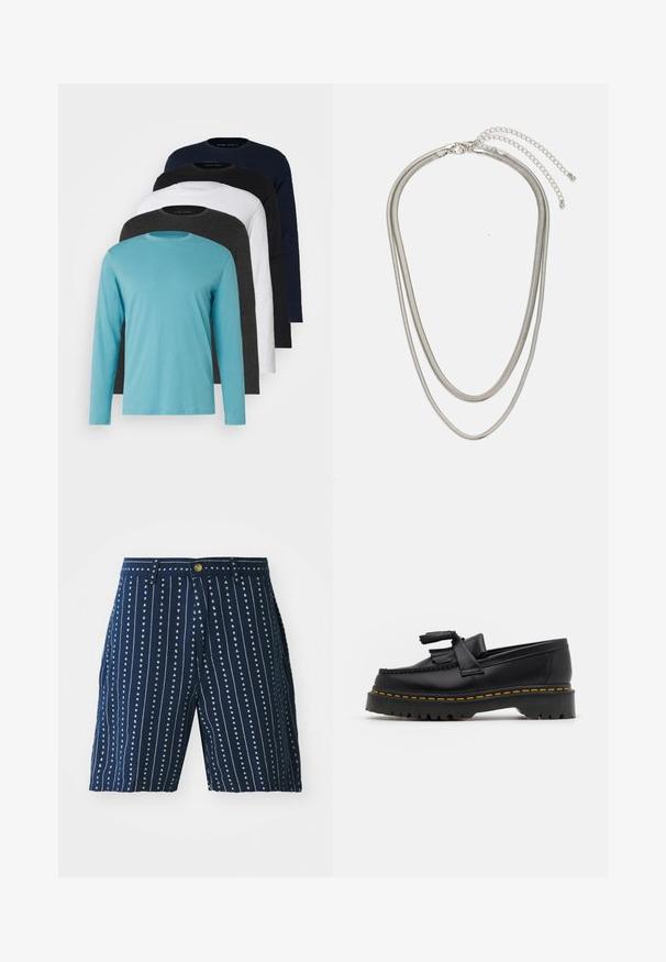 Viis pika varrukaga T-särki reas: türkiissinine, must, valge, tumehall ja marineeritud sinine. Pehme kangas, ümmargune kaelus ja tavaline lõike.; Tumesinised šortsid vertikaalsete valgete triipudega ja väikeste südamemustritega, nööbiga kinni ja vöödega. Valmistatud kerge kangaga.; Mustmust musta loafer, millel on frantsiisi aktsent, paks must tald ja kollane õmblus servas. Tekstuuriga viimistlus.; Kolmekihiline hõbedane metallkaelakee, mis on valmistatud peentest, paindlikest kettidest kerge läikega, kinnitatud krabi sulguri ja reguleeritava ketiga.