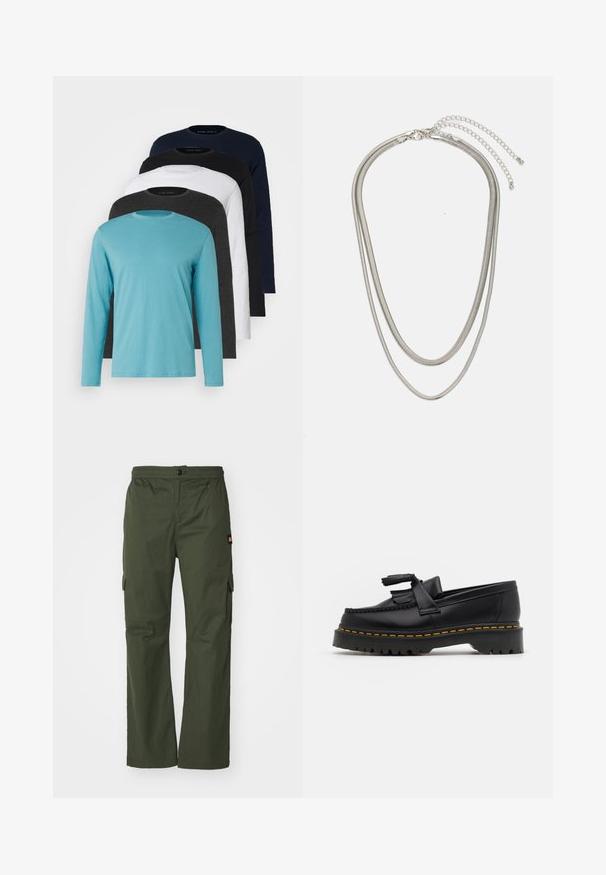 Five long-sleeve T-shirts in a row: turquoise, black, white, dark gray, and navy blue. Soft fabric with crew neck design and standard fit.; Olive green cargo pants with a button closure, elastic waistband, and side pockets, made from lightweight fabric with a smooth texture.; Black leather loafer with a tasseled accent, featuring a chunky black sole and yellow stitching along the edge. Textured finish.; Three-layered silver metal necklace featuring sleek, flexible chains with a slight sheen, secured with a lobster clasp and adjustable chain.