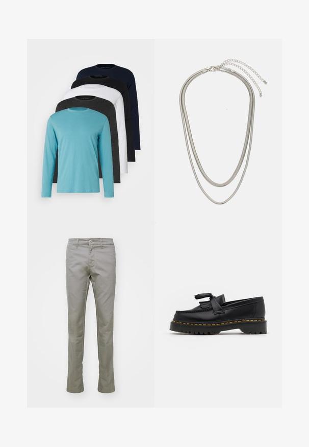 Fem lange ermer T-skjorter på rad: turkis, svart, hvit, mørkegrå og marineblå. Myk stoff med rund halsdesign og standard passform.; Carhartt WIP SID PANT - Bukse - misty grey; Svart skinn loafers med en kvastdetalj, med en tjock svart sula och gul sömnad längs kanten. Texturerad yta.; Tre-lags sølvmetallkjede med elegante, fleksible kjeder med en svak glans, sikret med en krabbe-lås og justerbar kjede.