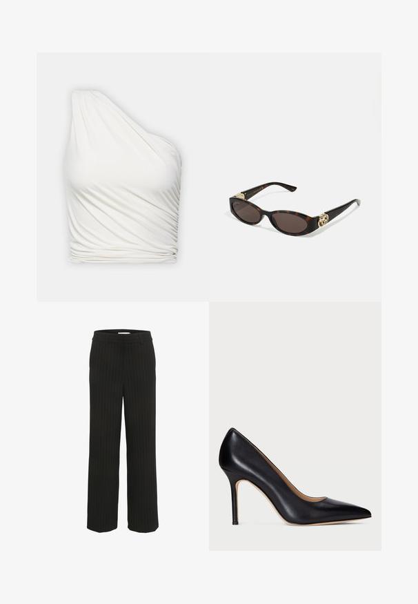 Bílý top na jedno rameno vyrobený z lehkého, splývavého materiálu. Obsahuje na boku nařasenou strukturu a hladký, splývavý design.; Černé široké kalhoty s proužkem, s plochým pasem a poutky na opasek, vyrobené z tkané látky, s vertikálními pruhy v kontrastní barvě.; Černé kožené lodičky na vysokém podpatku s špičatou špičkou a štíhlým jehlovým podpatkem. Hladká textura a minimální zdobení vytvářejí klasický design.; Brýle sluneční s kočičím vzorem, prodloužené oválné čočky, hnědý odstín, zlaté logo na spáncích a elegantní černé nožičky.