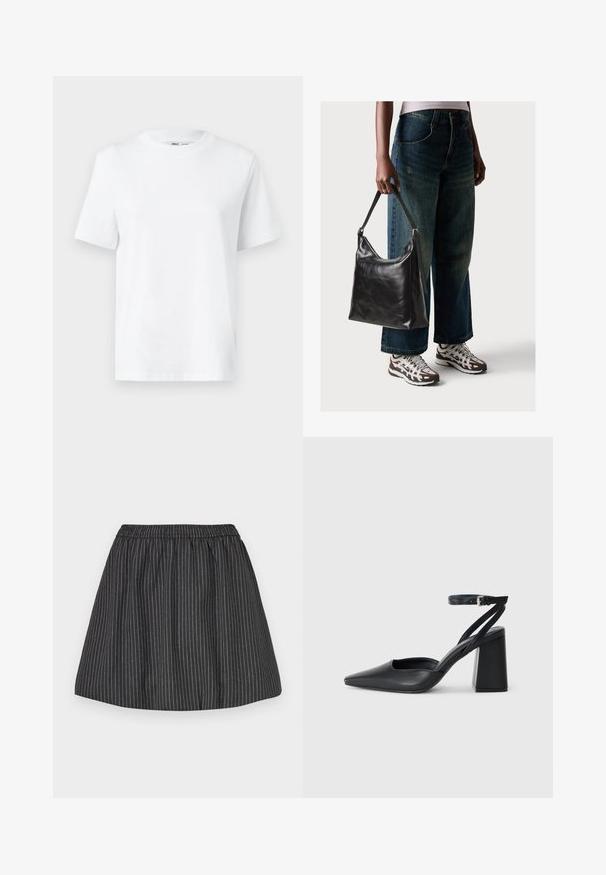 T-shirt branca de algodão com decote redondo, featuring mangas curtas e uma textura suave. Projetada com um corte solto para conforto e versatilidade.; Saia preta riscada com um cós elástico, apresenta riscas brancas verticais, design evasé e textura suave. Adequada para uso casual.; Sandal com biqueira afilada em couro preto, com cinta no tornozelo e salto grosso. Textura lisa, design elegante e estética minimalista.; Bolsa de ombro em couro preto com textura suave e alça ajustável, combinada com jeans de perna larga desbotados e ténis desportivos.