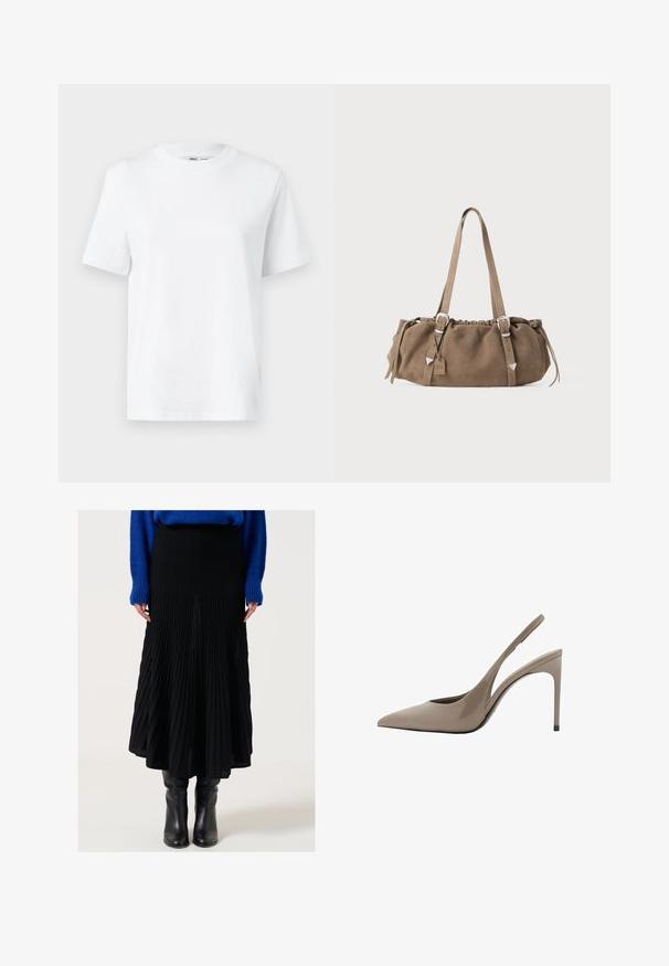 Witte katoenen T-shirt met ronde hals, korte mouwen en een gladde textuur. Ontworpen met een comfortabele en veelzijdige relaxte pasvorm.; Jimmy Key A-lijn rok - black; Beige gepatenteerde leren slingback hoge hakken met een spitse neus en een slank ontwerp, voorzien van een dunne hoge hak en een uitsparing aan de zijkant.; Bruine suède handtas met een gerimpelde bovenkant, zilveren hardware accenten en twee schouderbanden. Heeft een rechthoekige vorm en een minimalistisch design.
