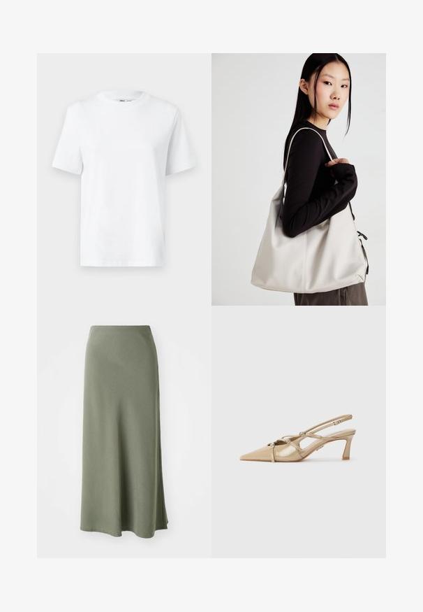 T-shirt branca de algodão com decote redondo, featuring mangas curtas e uma textura suave. Projetada com um corte solto para conforto e versatilidade.; Saia verde-oliva, até ao joelho, feita de um tecido macio com uma textura suave e um corte evasé, apresentando uma fenda lateral para facilitar o movimento.; Salto slingback em pele sintética bege com biqueira pontiaguda, alças ajustáveis e um salto bloco de 6 cm. Inclui detalhes decorativos em prata.; Uma bolsa bege feita de material macio, com um design descontraído, detalhes de costura e duas alças para o ombro. Adequada para uso diário.