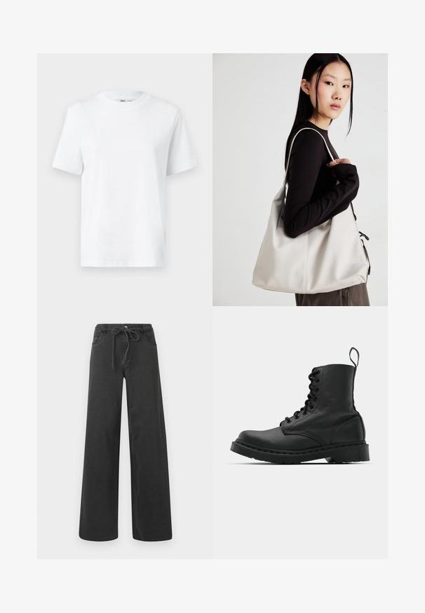 T-shirt en coton blanc à col rond, avec des manches courtes et une texture lisse. Conçu avec une coupe décontractée pour plus de confort et de polyvalence.; Jean noir à jambes larges en denim, dotés d'une taille à cordon, de deux poches avant et d'une texture lisse. Aucun motif ou accent visible.; Botte de combat en cuir noir avec un bout rond, un laçage à l'avant et une sangle au niveau de la cheville. Dispose d'une semelle en caoutchouc épaisse pour une durabilité optimale.; Sac à main beige en matériau souple, avec un design décontracté, des détails cousus et deux poignées. Idéal pour un usage quotidien.