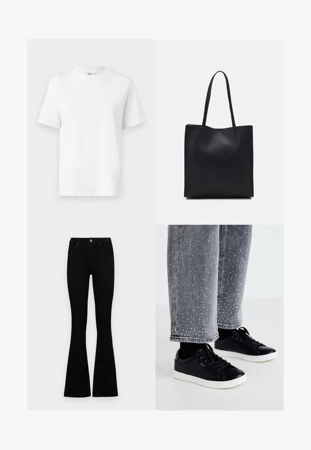 Valkoinen puuvillainen T-paita pyöreällä kaula-aukolla, jossa on lyhyet hihat ja sileä pinta. Suunniteltu rennoksi mukavuuden ja monikäyttöisyyden vuoksi.; Mustat korkeavyötäröiset farkut nappi- ja vetskariyläosalla, etutaskuilla ja levenevillä lahkeilla, asetettuna tasaisesti valkoista taustaa vasten.; Mustat nahkakengät, joissa on valkoiset kumipohjat ja teksturoidut koristeet. Yhdistetty harmaan farkkujen kanssa, joissa on koristellut hopeiset pisteet.; Mustapahkainen kangaskassi, jossa on sileä pinta, suorakaiteen muotoinen ja kaksi pitkää kahvaa. Ei näkyvää metalliosaa tai koristeita.