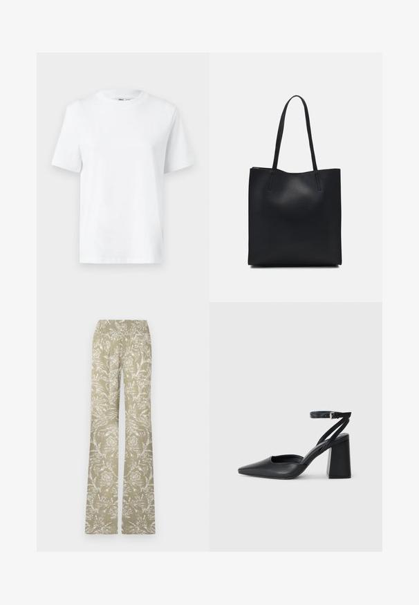 Camiseta de algodón blanca de cuello redondo con mangas cortas y una textura suave. Diseñada con un ajuste relajado para mayor comodidad y versatilidad.; Pantalones de campana en tejido verde claro con un patrón floral blanco. Cuentan con una cintura elástica y una superficie texturizada.; Zapato de tacón puntiagudo de cuero negro con tira en el tobillo y tacón ancho. Textura plana, diseño elegante y estética minimalista.; Bolso tote de cuero negro con textura lisa, forma rectangular y dos asas largas. Sin herrajes ni adornos visibles.