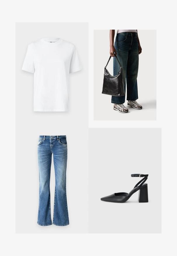 White cotton crew-neck t-shirt featuring short sleeves and a smooth texture. Designed with a relaxed fit for comfort and versatility.; Light blue denim flared jeans with a faded wash, five pockets, stitched detailing, and a zip fly with a button closure.; Black leather pointy-toe pump with an ankle strap and a chunky heel. Flat texture, sleek design, and minimalistic aesthetics.; Black leather shoulder bag with a smooth texture and adjustable strap, paired with faded wide-leg jeans and athletic sneakers.
