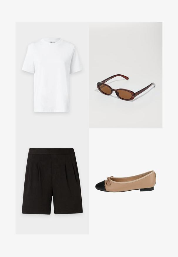T-shirt branca de algodão com decote redondo, featuring mangas curtas e uma textura suave. Projetada com um corte solto para conforto e versatilidade.; Calções pretos feitos de tecido suave, apresentando uma textura lisa, cintura elástica e um design frontal pregueado. Simples e despido de adornos.; Bailarina em couro bege com bico preto. Apresenta um detalhe em forma de laço na frente e uma textura suave. Design de perfil baixo com sola de borracha.; Óculos de sol redondos, com uma tonalidade castanha e uma armação glossy em bordeaux. Braços finos com um detalhe discreto de marca. Design de lentes planas.
