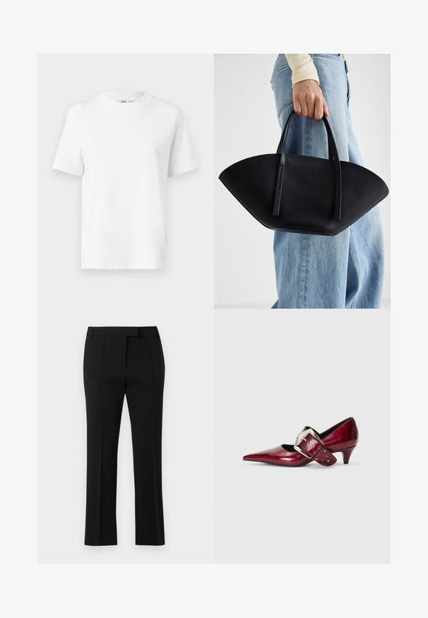 Balts kokvilnas t-krekls ar apaļu kakla izgriezumu, īsām piedurknēm un gludu tekstūru. Izstrādāts ar brīvu piegriezumu, lai nodrošinātu komfortu un daudzpusību.; Melni piegriezti bikses, izgatavotas no gludas auduma, ar vidēju jostasvietu, priekšējiem krokām un taisnu kāju dizainu.; Replay CECILE BIG - Klasiski papēži - cherry; Melnas ādas rokassoma ar unikālu ventilatora formu, aprīkota ar plakaniem rokturiem. Virsma ir ar graudainu faktūru un minimālistisku dizainu.