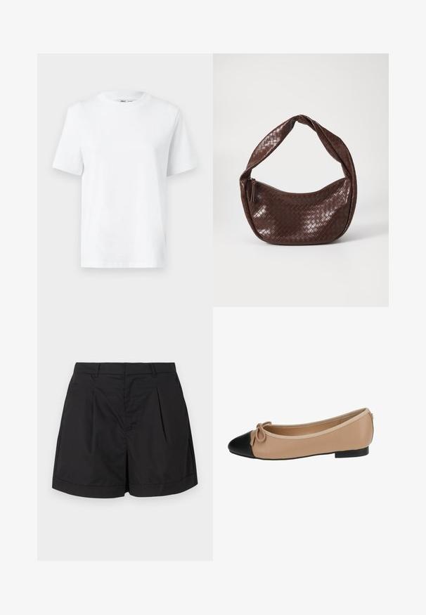 Hvit bomulls t-skjorte med rund hals som har korte ermer og en jevn tekstur. Designet med en avslappet passform for komfort og allsidighet.; Sorte shorts laget av et lett, glatt stoff. Har folder foran, en skreddersydd silhuett og en rullet kant nederst.; Ballettleilighet i beiges skinn med svart tupp. Har en frontsløyfe og en glatt tekstur. Lav profil-design med gummisåle.; Brunnet flettet lærveske med en buet, knyttet håndtak og glidelås. Glatt tekstur og rund form.