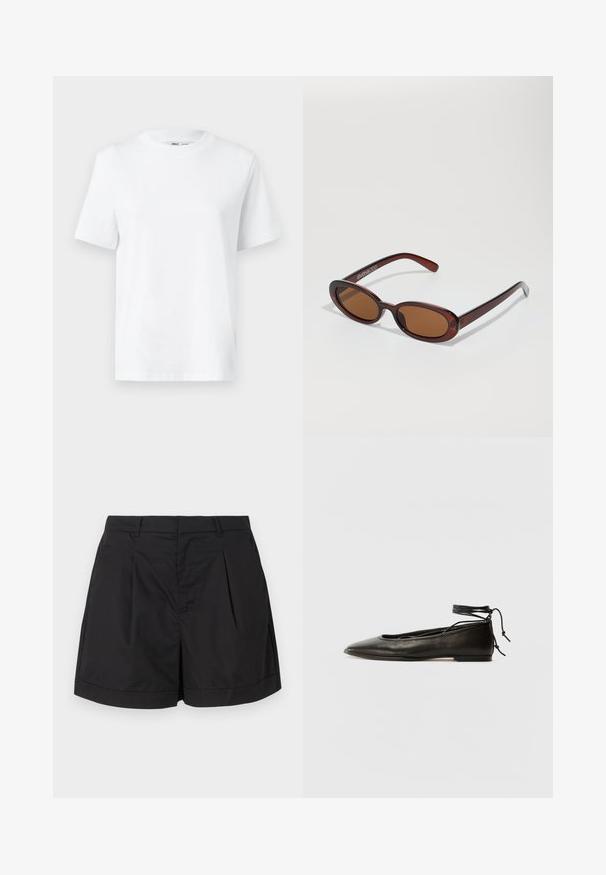 T-shirt bianca in cotone a girocollo con maniche corte e una superficie liscia. Disegnata con una vestibilità rilassata per comfort e versatilità.; Pantaloni corti neri realizzati in un tessuto leggero e liscio. Presentano pieghe sul davanti, una silhouette sartoriale e un risvolto all'orlo.; Ballerine in pelle nera con punta affusolata, laccio alla caviglia e suola piatta, caratterizzate da una texture liscia e un design minimalista.; Occhiali da sole rotondi con tonalità marrone, montatura lucida color bordeaux. Aste sottili con un sottile dettaglio del marchio. Design delle lenti piatte.