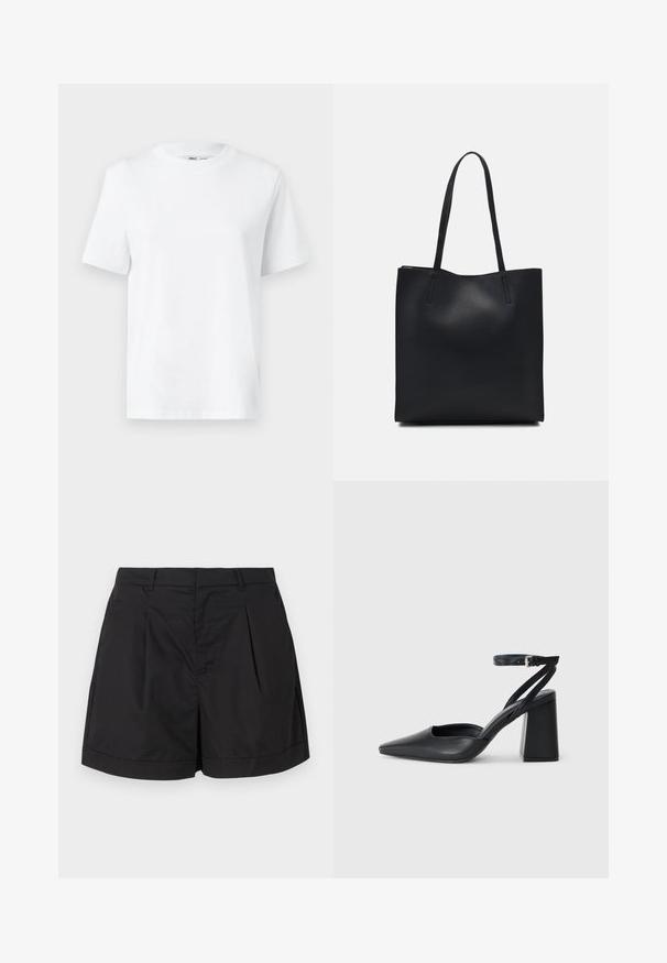 Biała bawełniana koszulka z okrągłym dekoltem, z krótkim rękawem i gładką fakturą. Zaprojektowana w luźnym kroju dla komfortu i wszechstronności.; Czarne szorty wykonane z lekkiego, gładkiego materiału. Posiadają fałdy z przodu, dopasowany krój oraz podwinięty mankiet na dole.; Czarne skórzane czółenka z ostrym noskiem, z paskiem na kostce i grubym obcasem. Gładka faktura, elegancki design i minimalistyczna estetyka.; Czarna skórzana torba tote o gładkiej fakturze, prostokątnym kształcie i dwóch długich uchwytach. Brak widocznych elementów metalowych i ozdób.