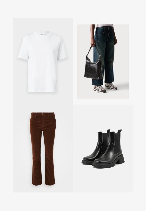 White cotton crew-neck t-shirt featuring short sleeves and a smooth texture. Designed with a relaxed fit for comfort and versatility.; Brown corduroy flared pants with a smooth texture, featuring a zip fly and button closure, and standard five-pocket design.; Black leather Chelsea boots with a chunky heel, elastic side panels, and contrasting white stitching. Textured finish.; Black leather shoulder bag with a smooth texture and adjustable strap, paired with faded wide-leg jeans and athletic sneakers.
