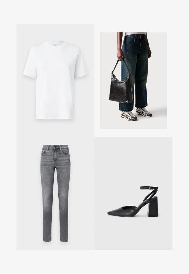 Camiseta de algodón blanca de cuello redondo con mangas cortas y una textura suave. Diseñada con un ajuste relajado para mayor comodidad y versatilidad.; Vaqueros de mezclilla gris con corte slim, que cuentan con cinco bolsillos, cierre de botón, sutiles marcas de desgaste y una textura suave.; Zapato de tacón puntiagudo de cuero negro con tira en el tobillo y tacón ancho. Textura plana, diseño elegante y estética minimalista.; Bolso de hombro de cuero negro con una textura suave y correa ajustable, combinado con jeans de pierna ancha desgatados y zapatillas deportivas.