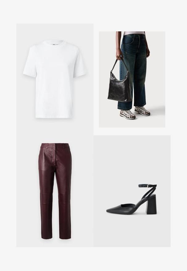 Hvid bomulds T-shirt med rund hals, kortærmet og en glat tekstur. Designet med en afslappet pasform for komfort og alsidighed.; Burgundy læderbukser med en tætsiddende design, subtil glans og glat overflade. Har en mellemhøj talje og lige ben.; Sort læder spidse pumps med ankelrem og en chunky hæl. Flad tekstur, slankt design og minimalistisk æstetik.; Sort læder skuldertaske med en glat tekstur og justerbar skulderrem, parret med faded brede bukser og atletiske sneakers.