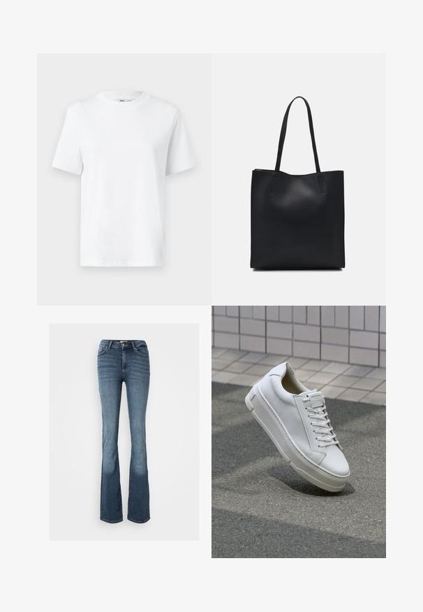 Hvit bomulls t-skjorte med rund hals som har korte ermer og en jevn tekstur. Designet med en avslappet passform for komfort og allsidighet.; Bootcut jeans laget av blå denim. Har middels høy midje, fem lommer, subtil søm og en lett falmet look på bena.; Hvite lær sneakers med lav toppdesign, flate lisser, avrundet tå og teksturerte sider. Tykk gummisåle med subtile detaljer.; Svart lær tote bag med glatt tekstur, rektangulær form og to lange håndtak. Ingen synlige deler eller dekorasjoner.