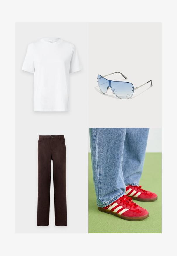 Hvit bomulls t-skjorte med rund hals som har korte ermer og en jevn tekstur. Designet med en avslappet passform for komfort og allsidighet.; Rett benbukser i mørkebrun semsket skinn med frontknapp og glidelås, beltehemper og sidelommer.; Røde mockasonsko i ruskind med tre hvide striber, rund tå og tekstureret sål, parret med lyseblå denimjeans på en grøn baggrund.; Pilotbriller med gradient blå linse, sølvfarget metallramme og dekorative stjerneaksenter på linsen. Glatt og stilren design.