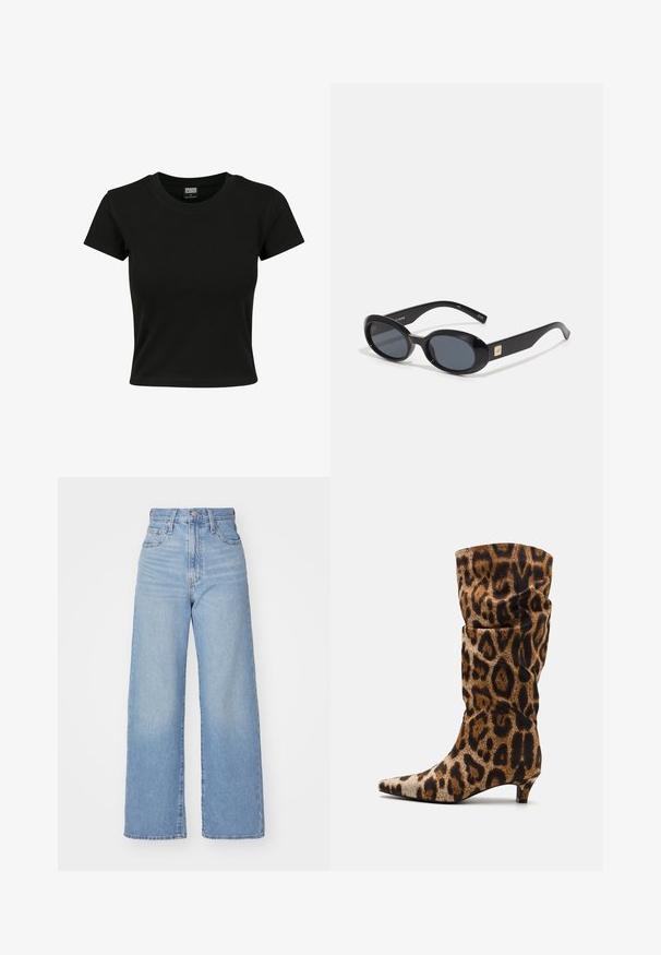 Black short-sleeve t-shirt made of smooth cotton material, featuring a round neckline and a fitted shape. No visible patterns or accents.; Light blue high-waist wide-leg jeans with front button and zip closure, front and back pockets, on a white background.; Leopard print ankle boot featuring a pointed toe, slouchy silhouette, and a low heel. Made of textured fabric in shades of brown and black.; Black oval sunglasses with dark lenses, glossy plastic frame, wide arms, and a small gold accent on one side.; Black leather tote bag with a structured shape, dual handles, and gold hardware accents. Features a smooth texture and a decorative tag.