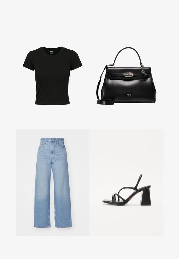 Zwarte kortekorte mouw t-shirt van gladde katoenen stof, met een ronde halslijn en een getailleerde pasvorm. Geen zichtbare patronen of accenten.; Lichtblauwe high-waist wijde jeans met een knoop- en ritssluiting aan de voorkant, voor- en achterzakken, op een witte achtergrond.; Zwarte hoge sandaal met een vierkante, chunky hak, voorzien van meerdere dunne banden over de voet en een open achterkant. Gladde leren textuur.; Zwarte leren handtas met een gestructureerd ontwerp, bovenhandvat, afneembare schouderband en een zilverkleurige sluiting. Bevat een subtiel geperst logo.