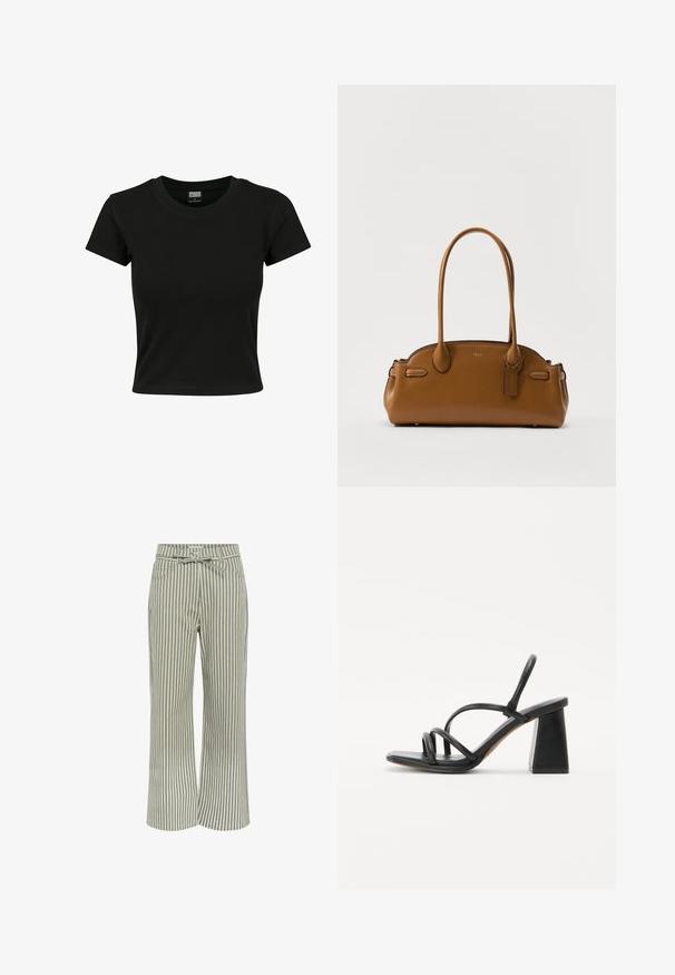 Čierne tričko s krátkym rukávom vyrobené z hladkého bavlneného materiálu, s okrúhlym výstrihom a priliehavým strihom. Bez viditeľných vzorov alebo akcentov.; Pruhované široké nohavice v zelenej a bielej farbe, s opaskom v páse, dvoma prednými vreckami a jemnou textúrou látky.; Čierne sandále na podpätku so štvorcovým, masívnym podpätkom, ktoré majú viacero tenkých popruhov cez chodidlo a otvorený zadný dizajn. Hladká kožená textúra.; Kožená kabelka v hnedej farbe s hladkým povrchom, zaobleným tvarom, dvojitými uchami a dekoratívnou visačkou. Obsahuje jemné švy a elegantný dizajn.