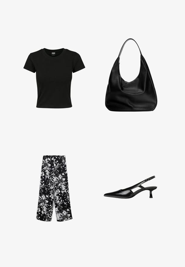 Schwarzes Kurzarm-T-Shirt aus glattem Baumwollmaterial mit rundem Halsausschnitt und taillierter Form. Keine sichtbaren Muster oder Akzente.; Schwarze Stoffhosen mit einem weißen Blumenmuster, weit geschnitten, mit glatter Textur und einer hohen Taille.; Schwarze Lackleder-Slingback-High Heels mit spitzer Zehenform, ausgeschnittenem Seitendesign und kleinem Blockabsatz. Glatte Textur mit minimalen Akzenten.; Schwarze Leder-Hobo-Tasche mit einem lässigen Design, breitem Schultergurt und glatter Textur. Verfügt über einen seitlichen Reißverschluss.