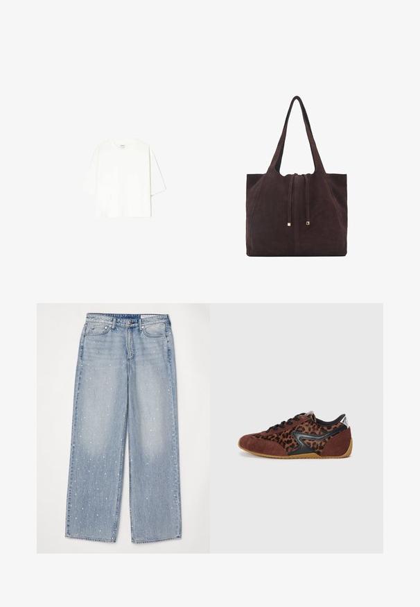 Valkoinen lyhythihainen T-paita, joka on valmistettu puuvillasta. Ominaisuuksia ovat pyöreä pääntie ja rento istuvuus. Sileä, kuvioimaton ja ilman näkyviä yksityiskohtia.; rag & bone LOGAN - Relaxed fit -farkut - mistywjewe; Ruskeat ja mustat leopardikuosiset tennarit, joissa on mokkaa ja nahkaa, pyöreä kärki, litteä kumipohja ja mustat nauhat. Hopea yksityiskohta kantapäässä.; Mango Shopping bag - dark brown