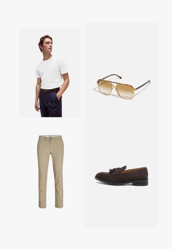 Vit bomulls t-shirt med rund halsringning, bärs tillsammans med marinblå veckade byxor och ett brunt läderbälte med en gyllene spänne.; Beige bomullbyxor med slim fit, med dragkedja fram, knappstängning och fyra fickor. Slät textur, utan mönster eller detaljer.; Paul Smith LAWSON - Slip-ins - brown; Sköldpaddsögon med rektangulär ram, bruna gradientlinser och slanka svarta glasögonarmar med subtila logotypdetaljer.