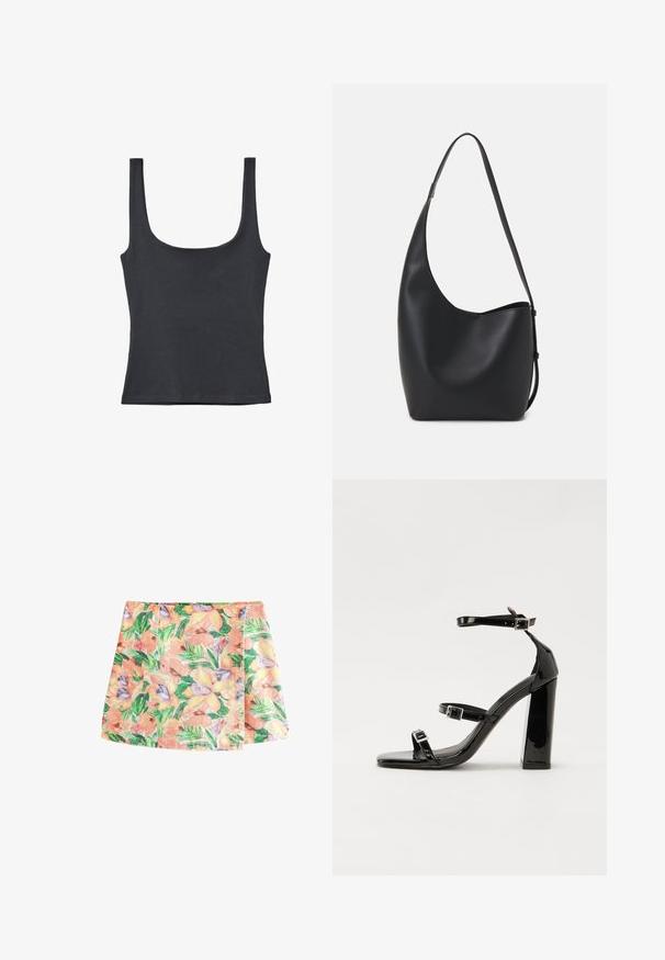 Débardeur noir en mélange de coton doux, avec un col rond et des bretelles larges, au design ajusté et sans motifs visibles.; Next Minijupe - tropical print; Sandales à talons vernies noires avec un bout carré, des sangles autour de la cheville et des boucles en argent. Dotées d'un talon bloc épais pour plus de stabilité.; Sac hobo en cuir noir avec une texture lisse, une forme incurvée et une seule sangle réglable ; dispose d'une large ouverture en haut.