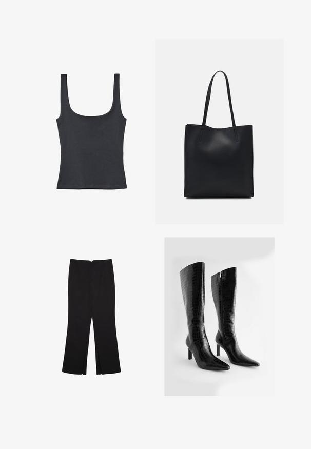 Sort tanktop lavet af en blød bomuldsblanding, med en rund halsudskæring og brede stropper, i en tætsiddende design uden synlige mønstre.; Sorte bukser med lige pasform, der har frontlommer og slidser i kanten. Lavet af blødt, glat stof. Velegnet til forskellige anledninger.; Knæhøje sorte støvler i faux læder med krokodillemønster, spidse tæer og en slank høj hæl; har en sidelukning med lynlås.; Sort læder tote taske med glat tekstur, rektangulær form og to lange hanke. Ingen synlig hardware eller udsmykninger.