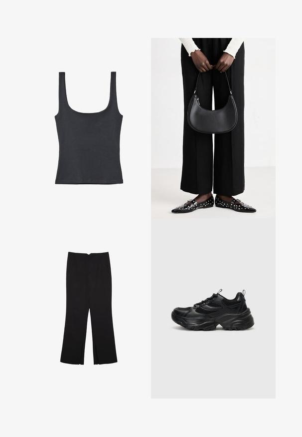 Czarny top na ramiączkach wykonany z miękkiej mieszanki bawełny, z okrągłym dekoltem i szerokimi ramiączkami, dopasowany, bez widocznych wzorów.; Czarne spodnie o prostym kroju, z przednimi kieszeniami i bocznymi rozcięciami na dole. Wykonane z miękkiego, gładkiego materiału. Odpowiednie na różne okazje.; Even&Odd - Sneakersy niskie; Czarna skórzana torba na ramię o zaokrąglonym kształcie, z połyskującym wykończeniem i srebrnymi akcentami. Osoba w czarnych spodniac wyszczuplających i znaczonymi loafersami.