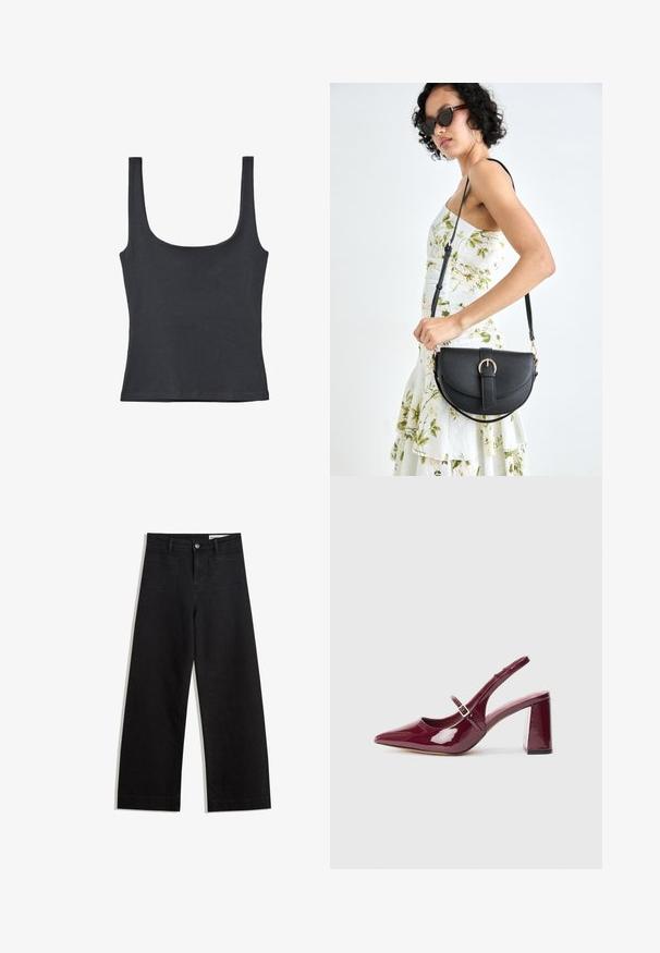 Čierny tielko vyrobené z jemnej bavlnenej zmesi, s výstrihom do V a širokými ramienkami, s priliehavým strihom a bez viditeľných vzorov.; Čierne denimové nohavice s širokými nohavicami a vysokým pásom, so prednými a zadnými vreckami, šitými švami a zapínaním na gombík. Hladká textúra.; Bordové lakované žabky na podpätku s špicatou špičkou a stredným blokovým podpätkom. Majú pracku a hladký lesklý povrch.; Čierna kožená kabelka s zaobleným tvarom, odnímateľným popruhom a zlatými doplnkami. Kabelka má klopu s detailom s prackou.