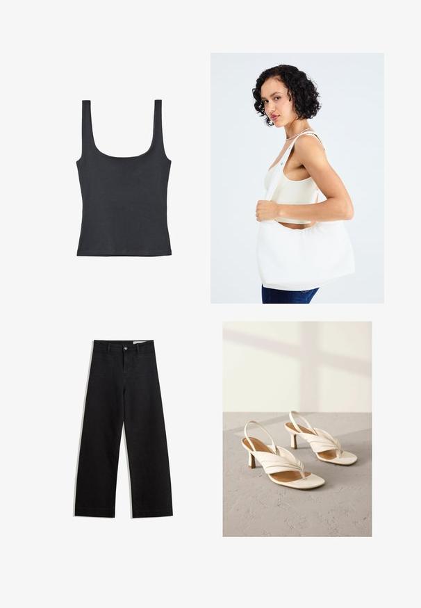 Sort tanktop lavet af en blød bomuldsblanding, med en rund halsudskæring og brede stropper, i en tætsiddende design uden synlige mønstre.; Sorte wide-leg denim bukser med høj talje, der har front- og baglommer, syede sømme og en knaplukning. Glat tekstur.; Hvide læder slingback hæle med snoet frontdesign, åben tå og en mellemstor blokhæl. Glat tekstur og minimale accenter.; Hvid skuldertaske lavet af glat materiale med en oval udskæring og bred stropdesign. Enkel og moderne med ingen synlig hardware.