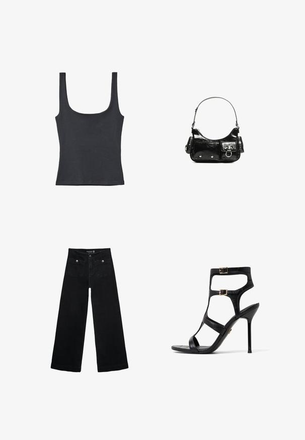 Černý tílko vyrobené z jemné směsi bavlny, s kulatým výstřihem a širokými ramínky, s přiléhavým střihem a bez viditelných vzorů.; Černé široké džíny s vysokým pasem, obsahující dvě přední kapsy a kovové knoflíkové detaily. Látka má hladkou texturu.; Černé sandály na vysokém podpatku s texturou imitující krokodýlí kůži, s dvěma akcenty s přezkami a otevřeným designem. Elegantní jehlový podpatek.; Černá lakovaná kožená kabelka s křivkovým tvarem, jedním ramenním popruhem, předními kapsami a stříbrnými kovovými detaily.