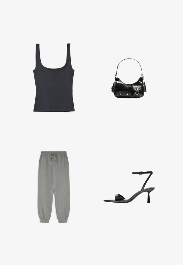 Černý tílko vyrobené z jemné směsi bavlny, s kulatým výstřihem a širokými ramínky, s přiléhavým střihem a bez viditelných vzorů.; Šedé tepláky se zúženým střihem nohavic, elastickým pasem a šňůrkou, s bočními kapsami a elastickými náplety na kotnících.; Bershka Sandály na vysokém podpatku - black; Černá lakovaná kožená kabelka s křivkovým tvarem, jedním ramenním popruhem, předními kapsami a stříbrnými kovovými detaily.