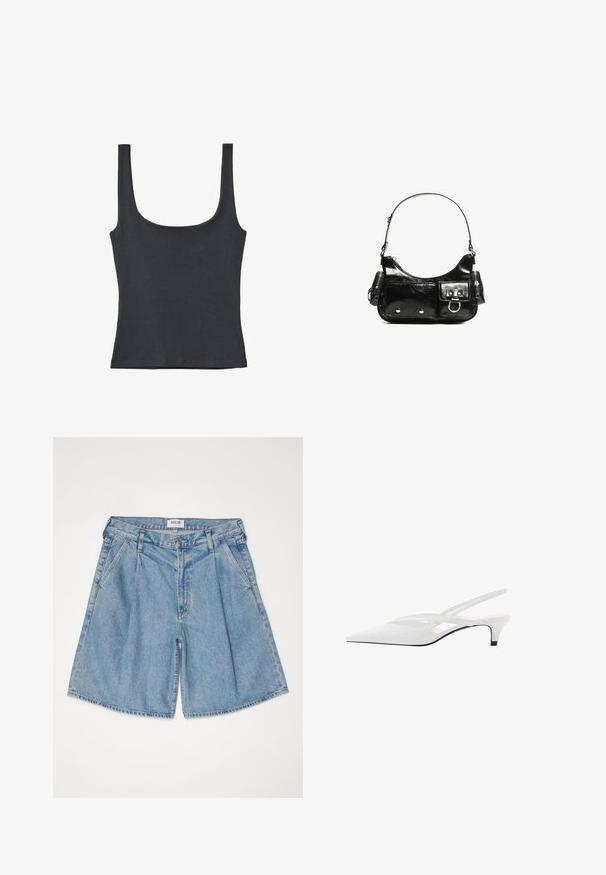 Černý tílko vyrobené z jemné směsi bavlny, s kulatým výstřihem a širokými ramínky, s přiléhavým střihem a bez viditelných vzorů.; Světle modré džíny šortky s volným střihem, vysokým pasem, postranními kapsami a zapínáním na knoflík. Celoplošně bledá textura.; Bílé slingback podpatky se špičatou špičkou, s hladkým svrškem, jemnými výřezy a nízkým blokovým podpatkem. Černá podrážka zvýrazňuje design.; Černá lakovaná kožená kabelka s křivkovým tvarem, jedním ramenním popruhem, předními kapsami a stříbrnými kovovými detaily.
