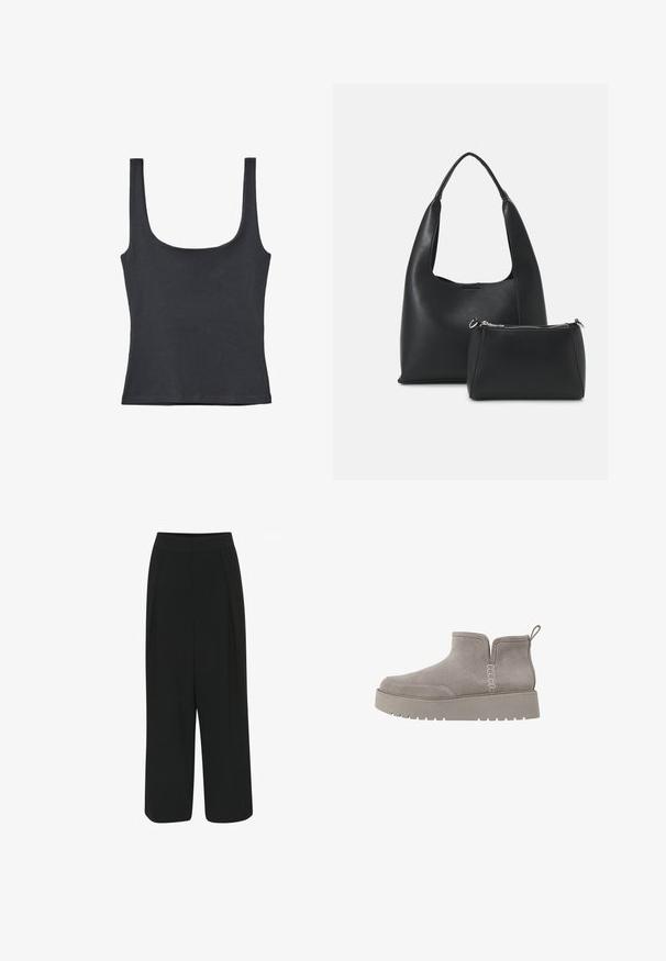 Črn top z naramnicami, izdelan iz mehkega bombažnega mešanice, z ovratnikom v obliki kroga in širokimi naramnicami, prilegajoče se zasnove brez vidnih vzorcev.; Črne široke hlače z obodom, ki vsebujejo dva sprednja pregiba in gladko, neteksturovano blago. Brez vidnih žepov ali okraševanja.; Sivi nubuk čevelj do gležnjev z nizkim profilom, elastičnimi stranskimi paneli in teksturirano gumijasto podplato. Ima zanko za enostavno oblačenje.; Even&Odd SET - Torbica - black