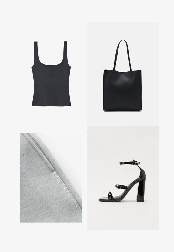 Crni majica bez rukava napravljena od mekog pamuka, s okruglim izrezom i širokim naramenicama, s prilagodljivim dizajnom i bez vidljivih uzoraka.; Sivi aktivni materijal s glatkom, teksturiranom površinom s suptilnim mramornim uzorkom. Riječ "AKTIVNO" ispisana je bijelom bojom uz bočnu stranu.; Crne lakirane sandale na pete sa kvadratnim nosom, trakama oko gležnja i srebrnim kopčama. Imaju čvrst blok petu za stabilnost.; Crna kožna torba za nošenje s glatkom teksturom, pravokutnim oblikom i dvije duge ručke. Nema vidljivih metalnih dijelova ili ukrasa.
