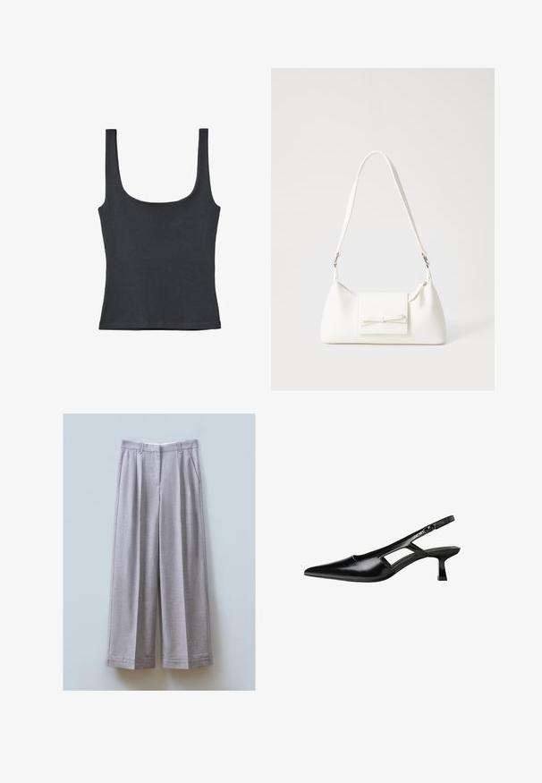 Črn top z naramnicami, izdelan iz mehkega bombažnega mešanice, z ovratnikom v obliki kroga in širokimi naramnicami, prilegajoče se zasnove brez vidnih vzorcev.; Sive široke hlače iz teksturirane tkanine s prednjimi gubami, dvema stranskima žepoma in ravnim robom.; Črne patentični usnjeni salonarji s slingback designom, z zašiljenim nosom, izrezanim stranskim dizajnom in majhnim kvadratnim peto. Gladka tekstura z minimalnimi detajli.; Bela sintetična torbica v obliki trikotnika, z ravnim sprednjim poklopcem in detajlom mašne, nastavljivim trakom, gladko teksturo in minimalističnim dizajnom.