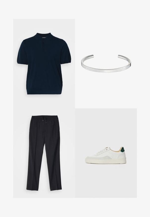 Navy blue polo shirt made of knitted fabric, featuring a classic collar, short sleeves, and three button placket with smooth texture.; sandro ALPHA - Chinos - noir; White sneaker with suede accents, rounded toe, flat laces, and a cream rubber sole. Features green branding on the heel.; Silver metal cuff bracelet with a smooth, matte finish. Features an open design with rounded edges, allowing for adjustable sizing.