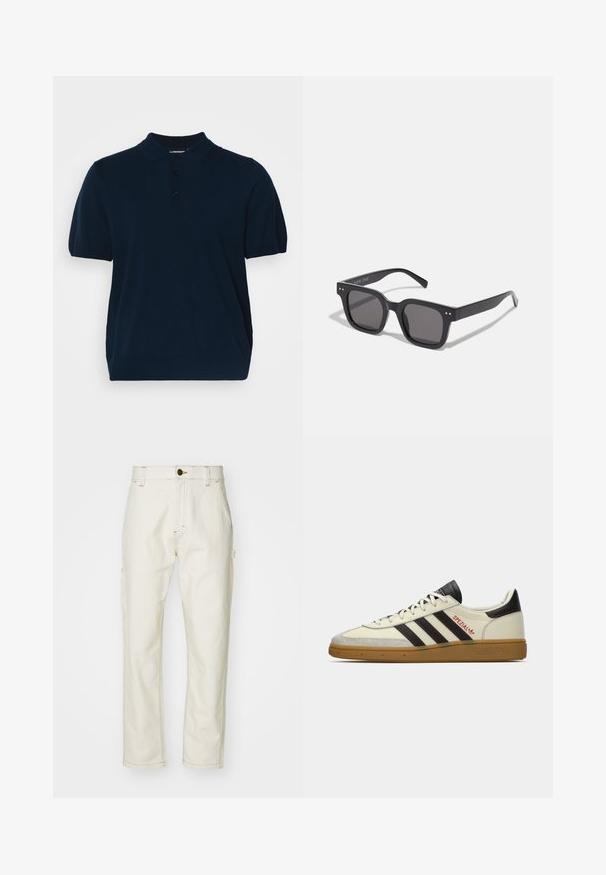 Marineblaues Poloshirt aus gestricktem Stoff, mit klassischem Kragen, kurzen Ärmeln und einer Knopfleiste mit drei Knöpfen, die eine glatte Textur aufweist.; Beige Baumwoll-Cargo-Hose mit geradem Bein, ausgestattet mit Seitentaschen, einer vorderen Knopfverschluß und kontrastierenden Steppnähten.; Cremefarbene und schwarze Adidas Spezial Sneaker mit Gummisohle, schwarzen Streifen, roten Nähten und "Spezial" Branding an der Seite.; Schwarze rechteckige Sonnenbrillen mit dunklen Gläsern, die einen dicken Rahmen, subtile Akzente an den Seiten und keine sichtbaren Logos außer dem Markennamen aufweisen.; Silberner Edelstahlumschlag mit schwarzem Zifferblatt, markierten Stundenanzeigen, Datumsanzeige und wasserdicht bis zu 50 Metern.; Silberner Metallarmreif mit einer glatten, matten Oberfläche. Verfügt über ein offenes Design mit abgerundeten Kanten, das eine verstellbare Größe ermöglicht.