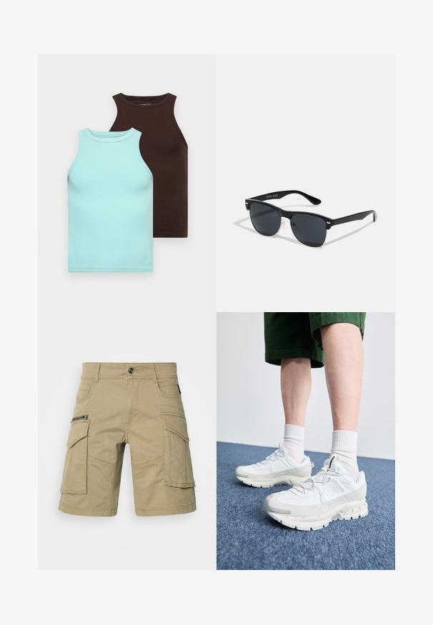 Deux débardeurs ajustés : un bleu clair, un marron foncé. Fabriqués en coton extensible, avec une texture lisse et un design sans manches.; Shorts cargo beiges en tissu durable, comportant de multiples poches, une poche latérale zippée et des détails cousus. Ceinture standard avec bouton.; Des chaussures de sport blanches avec des superpositions texturées, une semelle épaisse et des accents gris. Portées avec des chaussettes blanches et des shorts verts sur une surface bleue.; Lunettes de soleil noires de forme rectangulaire, verres foncés, accents argentés aux tempes et finition mate sur la monture.