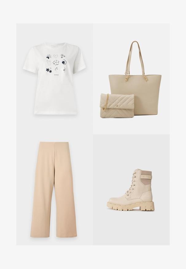 White cotton t-shirt featuring a printed design of flowers and hearts in navy and gray. Crew neck and short sleeves, casual fit.; Beige wide-leg trousers made from soft fabric, featuring a high waist and smooth texture. No visible patterns or hardware details.; Beige lace-up ankle boots made of smooth leather with a textured fabric accent, featuring a chunky, rugged sole and logo detail.; Beige tote bag with flat handles, smooth texture, and gold hardware, paired with a matching quilted clutch featuring a chain strap.