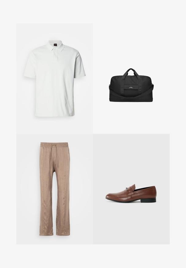 White polo shirt made of cotton, featuring a classic collar, two buttons, and subtle brand logo stitched on the front. Short sleeves.; Light brown, wide-leg pants made of smooth fabric, featuring an elastic waistband with a drawstring and two front crease lines.; Brown leather loafers with a rounded toe, featuring a small metallic accent on the upper and a black rubber sole. Smooth texture throughout.; Black duffel bag made of durable fabric, featuring two top handles, a detachable shoulder strap, and a front pocket with branding.