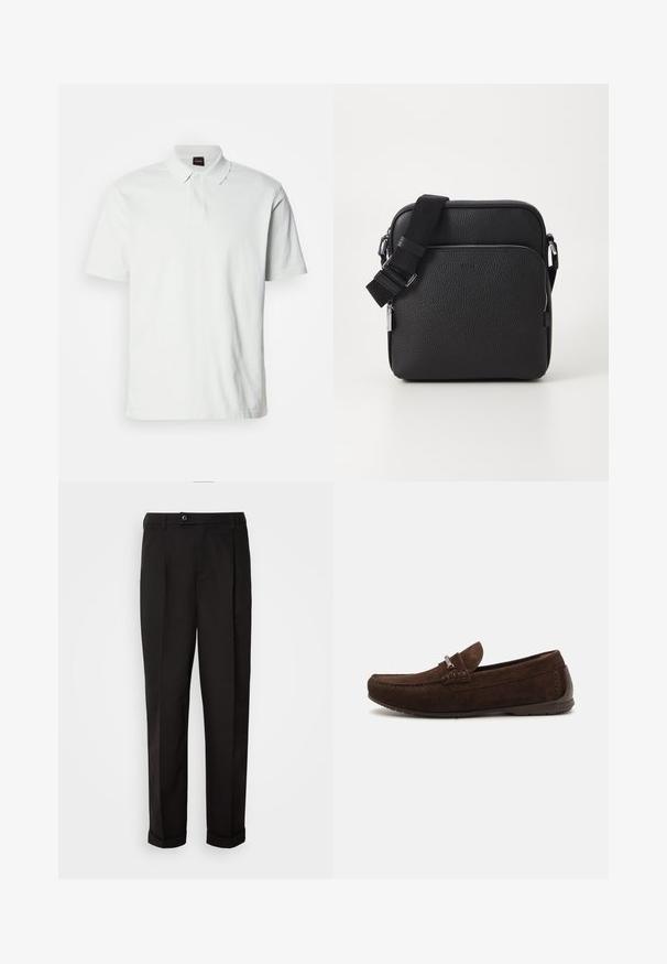 Hvit polo skjorte laget av bomull, med klassisk krage, to knapper og en subtil merkevarelogo brodert på forsiden. Korte ermer.; Sorte bukser med en glat tekstur, der har lige snit, to forlommer og en enkelt knaplukning i taljen.; Brune suedep loafere med en sømdesignet, subtil tekstur, rund tå og sølvfarget detalj. Lav gummisåle for komfort.; Svart lær crossover-bag med teksturert overflate, har en frontlomme med glidelås, justerbar stropp og metalliske detaljer.