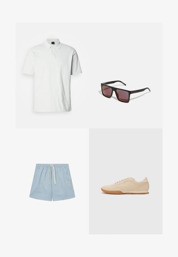 Polo shirt blanc en coton, avec un col classique, deux boutons et un logo de marque subtly brodé sur le devant. Manches courtes.; Shorts de bain rayés bleus avec une taille élastique et un cordon de serrage blanc. Tissu léger avec un logo discret en bas à gauche.; Baskets en daim beige au design épuré, présentant une tige texturée, un bout rond et une semelle en caoutchouc avec un motif en zigzag.; Lunettes de soleil rectangulaires noires avec des verres rouge foncé, présentant une finition mate et un logo rouge sur la branche. Monture en plastique robuste.