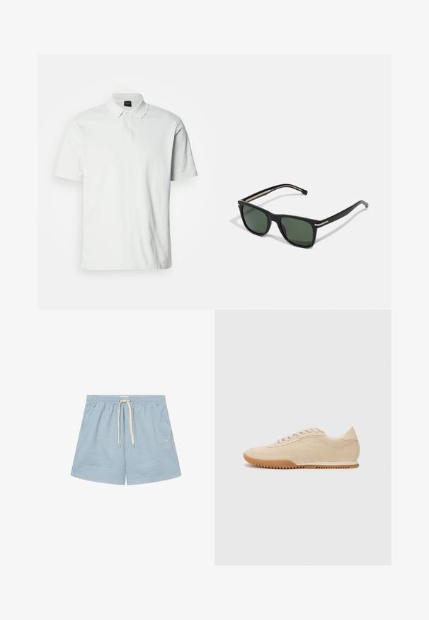 Baltas polo krekls, izgatavots no kokvilnas, ar klasisku apkakli, divām pogām un uz priekša iešūtu diskrētu zīmola logotipu. Īsas piedurknes.; Svītroti zili peldkostīmi ar elastīgu jostu un baltu auklu. Izgatavoti no viegla auduma, ar smalku logotipu apakšējā kreisajā stūrī.; Bežā zamša kedas ar plūstošu dizainu, kurām ir strukturēta virsma, noapaļota purngalu un gumijas zole ar zigzaga rakstu.; BOSS Saulesbrilles - black