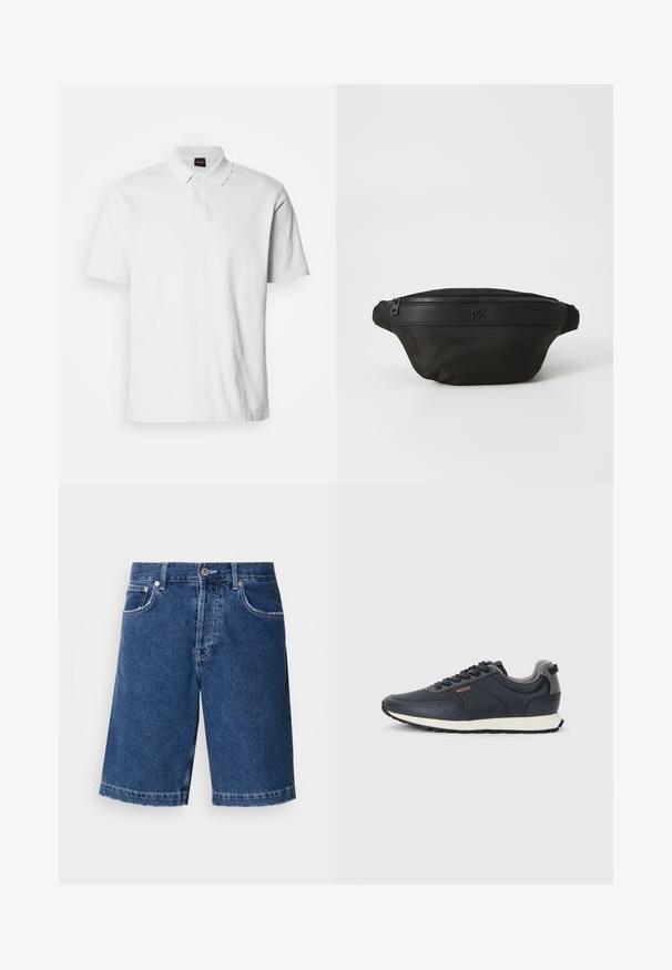 Hvit polo skjorte laget av bomull, med klassisk krage, to knapper og en subtil merkevarelogo brodert på forsiden. Korte ermer.; Mørkeblå denimshorts med straight cut, to frontlommer og klassisk knappestenge. Sydde sømmer med lett falming.; Marineblå sneakers med en glatt syntetisk overdel, rund tå, grå detaljer, snøring, og en hvit mellomsole med en teksturert svart yttersåle.; Svart stoffbælteveske med glidelås og preget logo. Rund form med en glatt overflate og justerbar stropp.