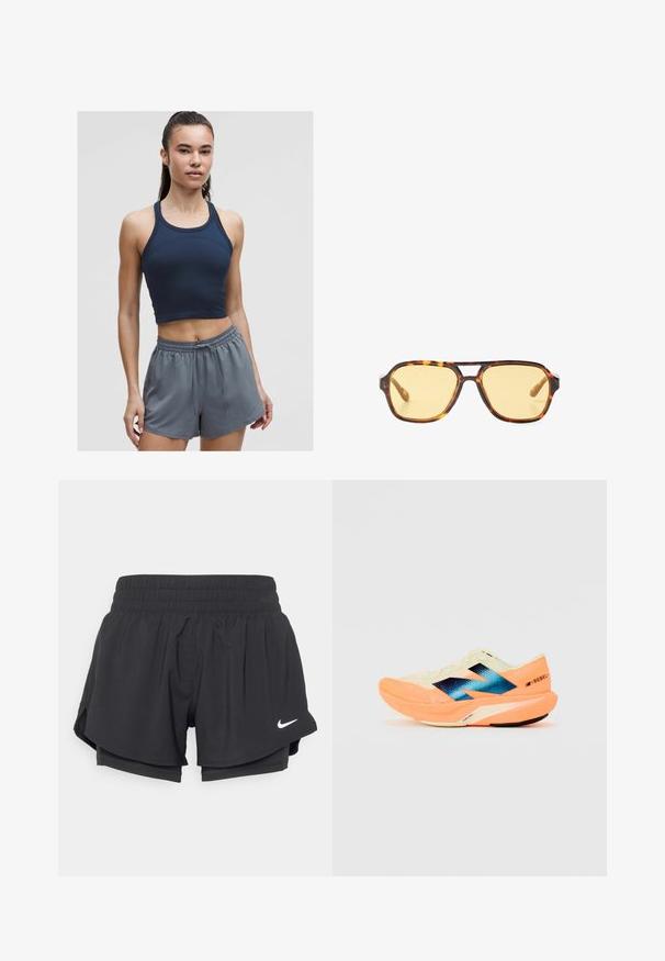 Top sportiv scurt cu nervuri de culoare bleu marin, cu bretele subțiri, asocat cu pantaloni scurți elastici de culoare gri deschis, având o croială lejeră și șnur.; Pantaloni scurți sport negri cu talie elastică, căptușeală interioară și fante pe laterale. Prezintă un logo alb Nike în partea din față stângă.; Adidași de alergare cu un material superior ușor de crem, cu branding albastru și accente portocalii pe talpă. Textură din plasă pentru respirabilitate.; Ochelari de soare cu model tartan, lentile galbene și accente metalice pe sprijin. Cadru larg și textură mată.