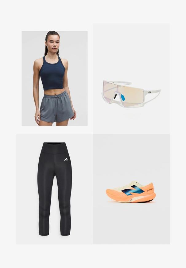 Námořnická modrá hřejivá sportovní crop top s tenkými ramínky, spárovaný se světle šedými šortkami se elastickým pasem, které mají uvolněný střih a šňůrku.; Černé legíny s vysokým pasem vyrobené z hladkého a elastického materiálu, s malým bílým logem Adidas na levém boku.; Běžecká obuv s lehkým krémovým svrškem, modrým logem a oranžovými detaily na podešvi. Síťovina pro prodyšnost.; Sluneční brýle s bílým rámem a velkými gradientovými skly, která mají přechod od růžové k světlé oranžové barvě, doplněné modrým nosníkem a detailem loga.