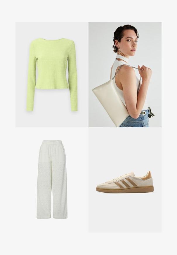 Dugi rukavi usko krojeni top od teksturirane svijetlozelene tkanine s brod izrezom i blago prilagođenim siluetom. Nema vidljivih uzoraka ili akcenta.; Bijele široke hlače s teksturiranim uzorkom i izvezenim rupama po cijeloj dužini. Imaju elastičan pojas za prilagodljivost veličine.; Bež nubuk tenisice s svijetlosmeškastim akcentima. Ima tri smeđe pruge, teksturiranu gumenu potplat i dizajn sa zaobljenim prstom.; Bijela pravokutna torbica s kopčanjem, izrađena od sjajnog materijala, s srebrnim lančićem. Model pozira, prikazujući torbicu na jednostavnoj pozadini.